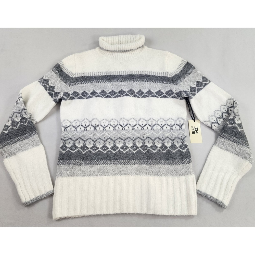 Max Studio Women XS White Grey Geometric Fair Isle Turtleneck Sweater Pullover